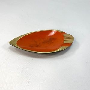 Vintage 60s Orange Enameled Brass Ashtray Gold Trim Made In Israel 6" x 3" Oval